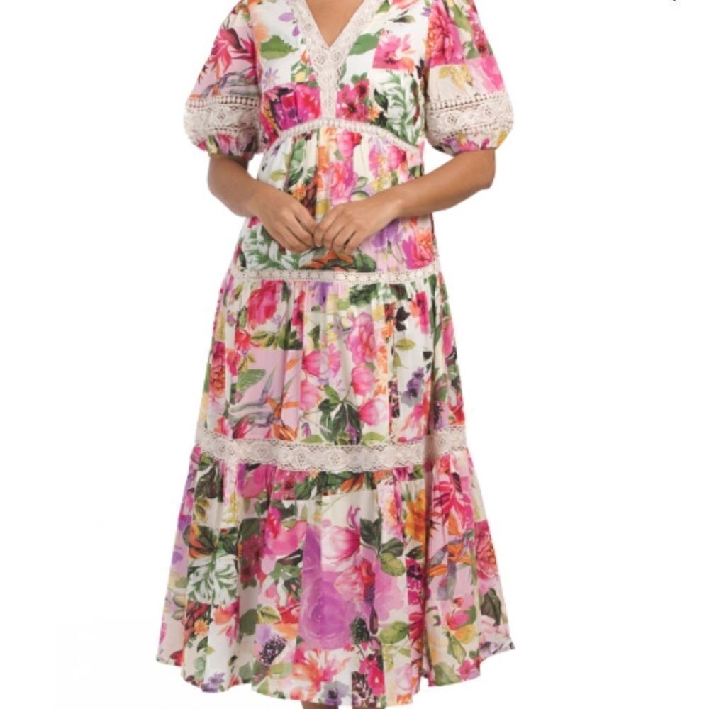NWT Cotton Voile Floral Dress With Crochet Detail Fully Lined Size US XL